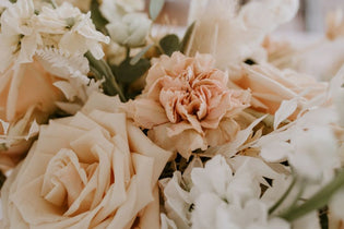blush, tan, and white carnations and roses up close in a budget bouquet