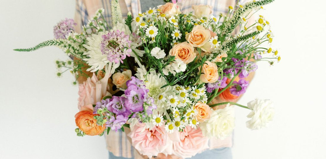 peach, purple, pink and white flower bouquet
