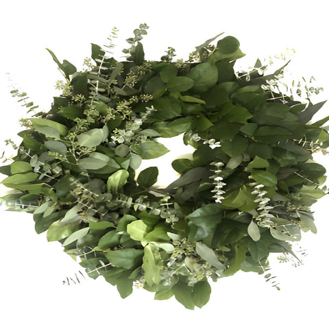 Whimsical Salal Greenery wreath close up