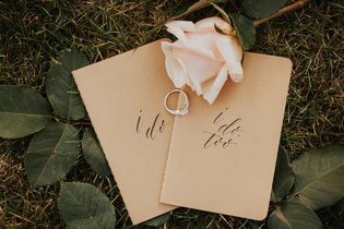 5 Reasons to Choose Roses single stem rose laying over wedding couple's vow books
