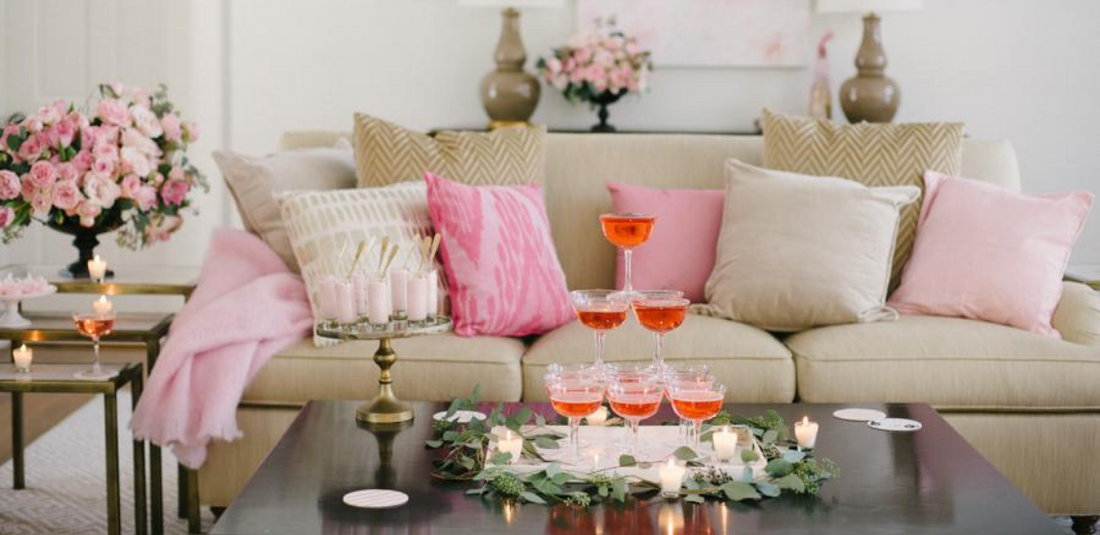 Pink Valentine's Day party ideas, champagne tower and flowers