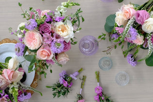 Lavender flower bouquets flat lay