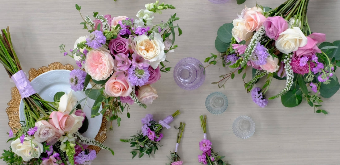 Lavender flower bouquets flat lay