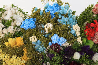 red, blue, yellow, and white dried flower bouquets