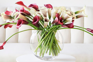 purple and white calla lilies is large clear round vase in front of white couch