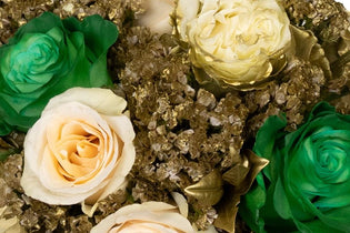 green and cream roses with gold painted flowers