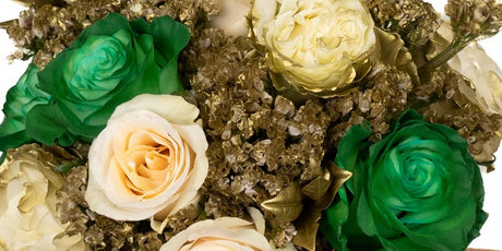 green and cream roses with gold painted flowers