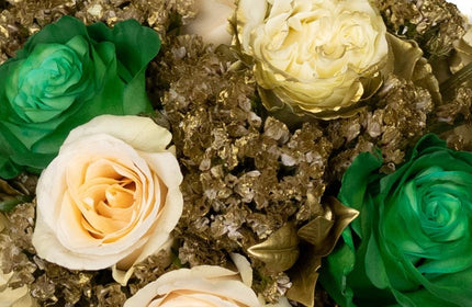 green and cream roses with gold painted flowers