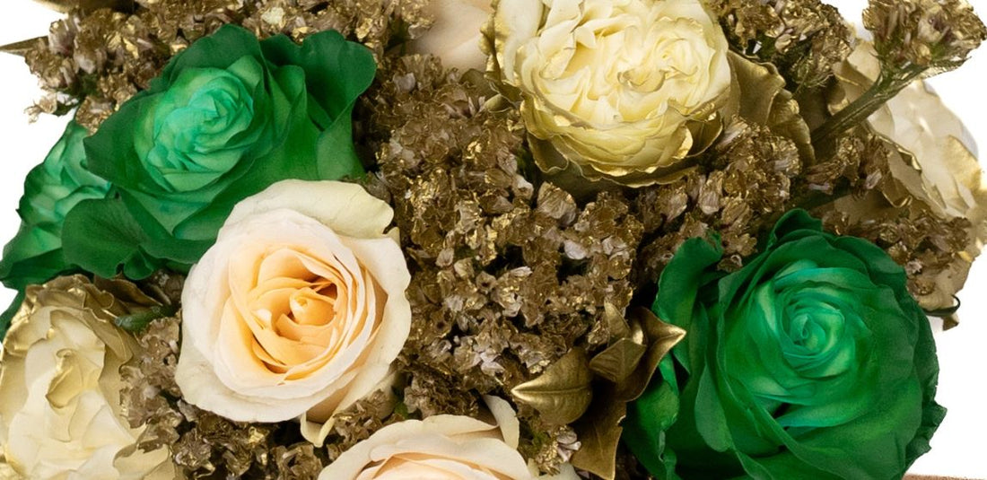 green and cream roses with gold painted flowers