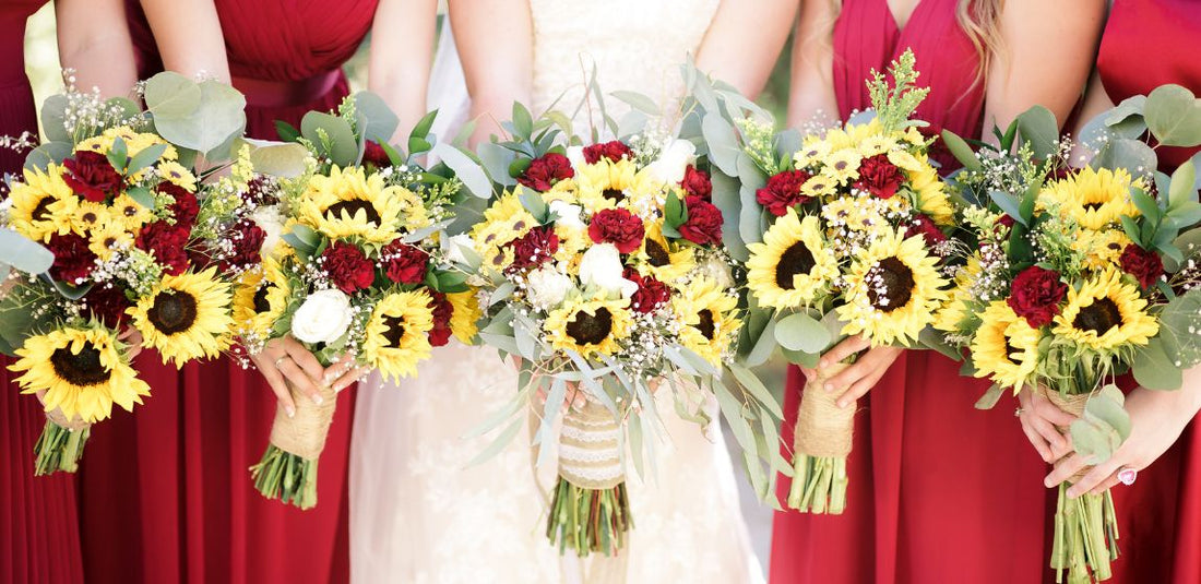 Sunflower and rose bridal bouquet and bridesmaids bouquets