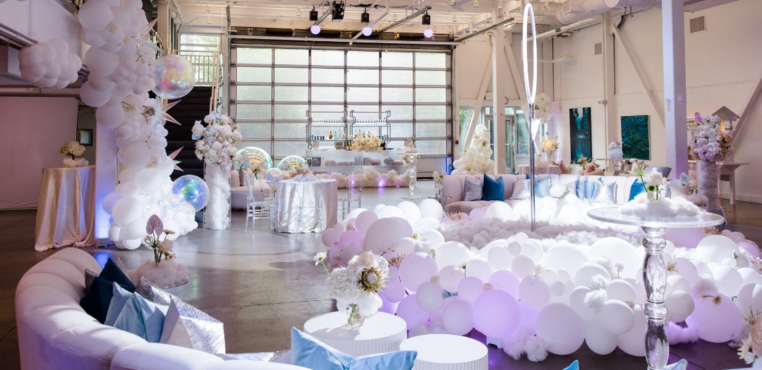 Cloud 9 party with white and iridescent decorations