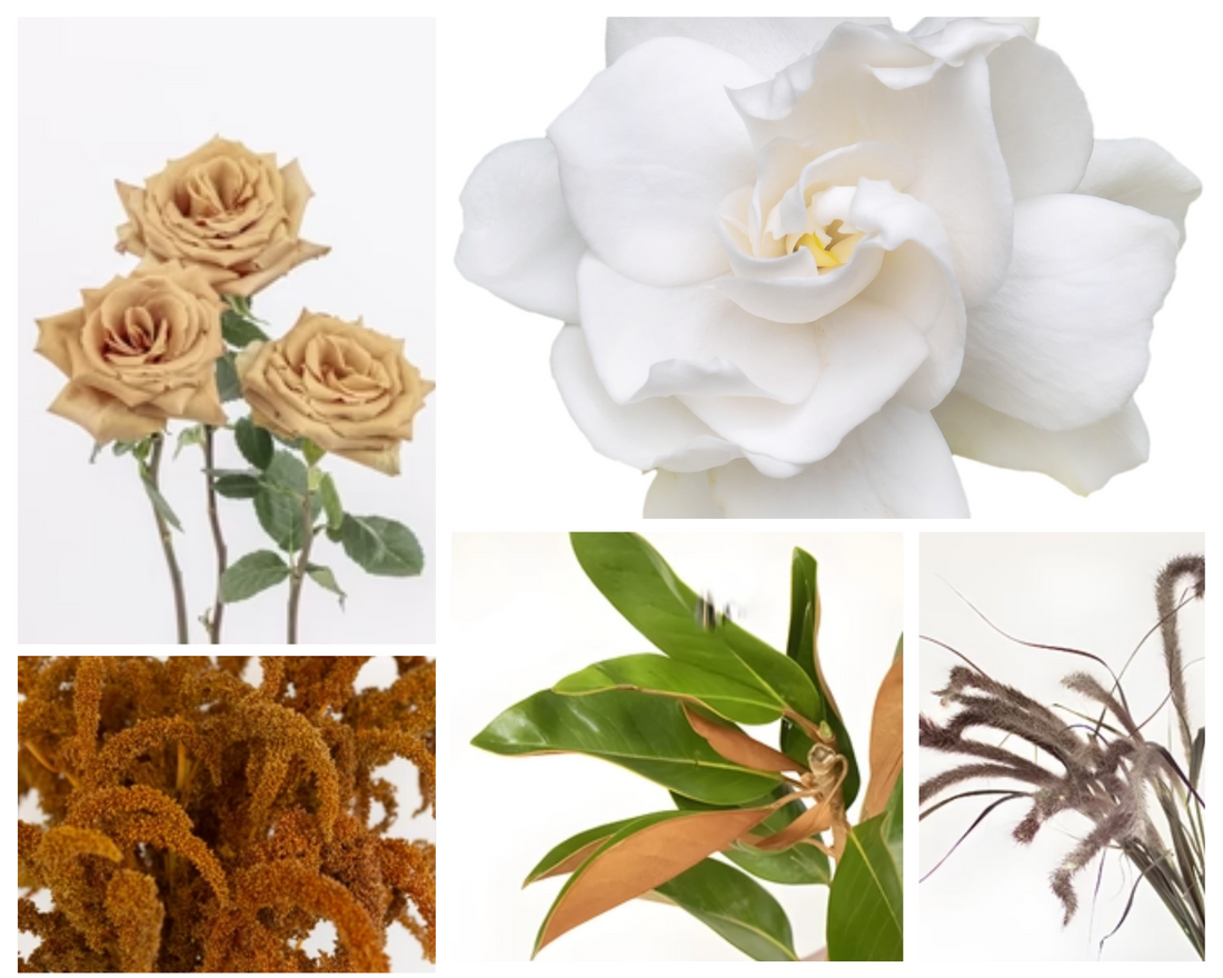Toffee roses, gardenia, bronze amaranthus, magnolia greenery, fountain grass
