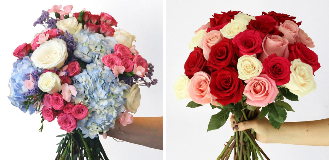 two different styles of bouquets for valentine's day flower deliveries