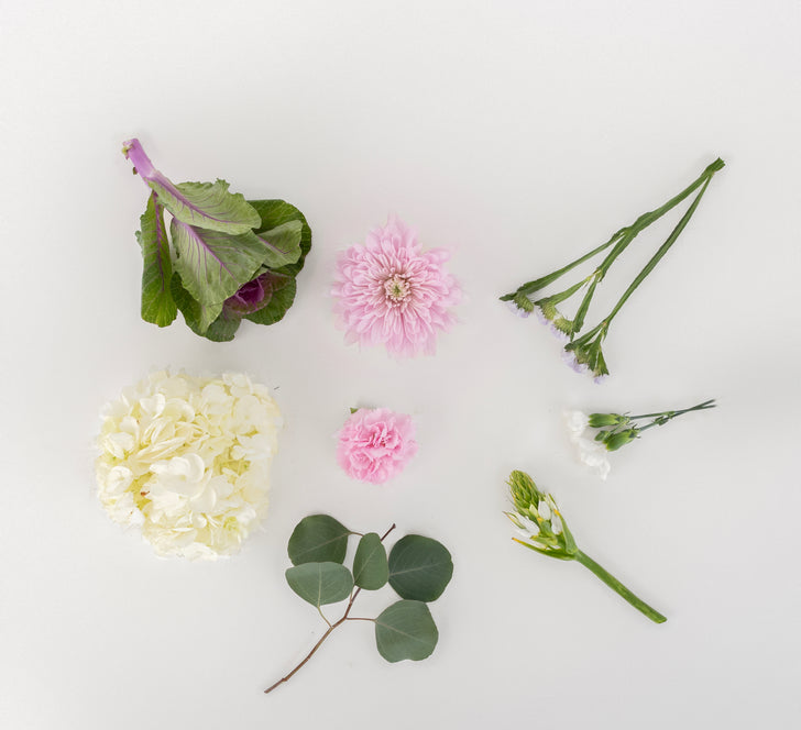 Flat lay of pink mum, carnation, white hydrangea, ornamental kale and eucalyptus from the Kale Garden Flower Collection