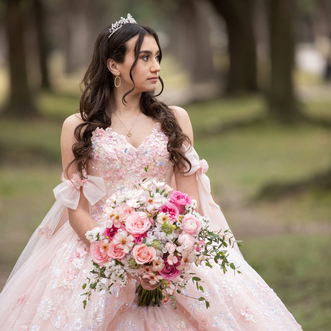 light pink quince dress with flowers Baby Pink Quinceaera Dress with Rhinestone Bodice Skirt XS / Pink