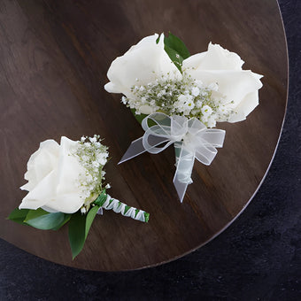 Classic Ivory Rose Boutonniere and Corsage Pack