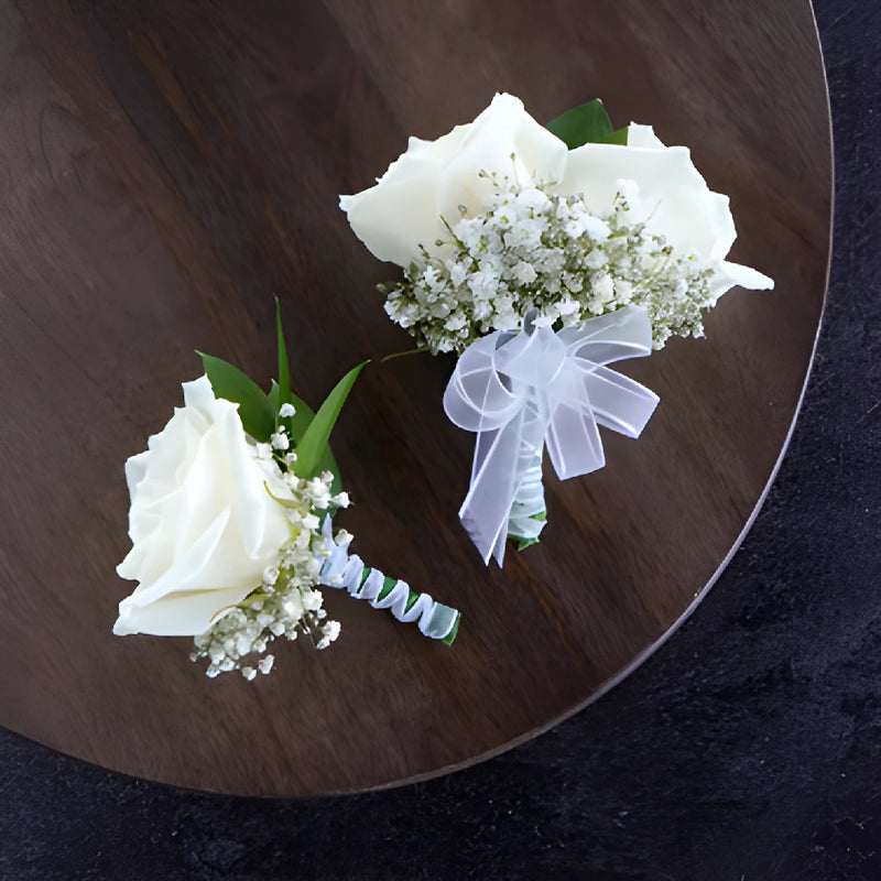 Classic White Rose Boutonniere and Corsage Pack