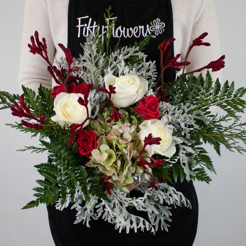 Frosty Grey Christmas DIY Flower Bouquet in Hand