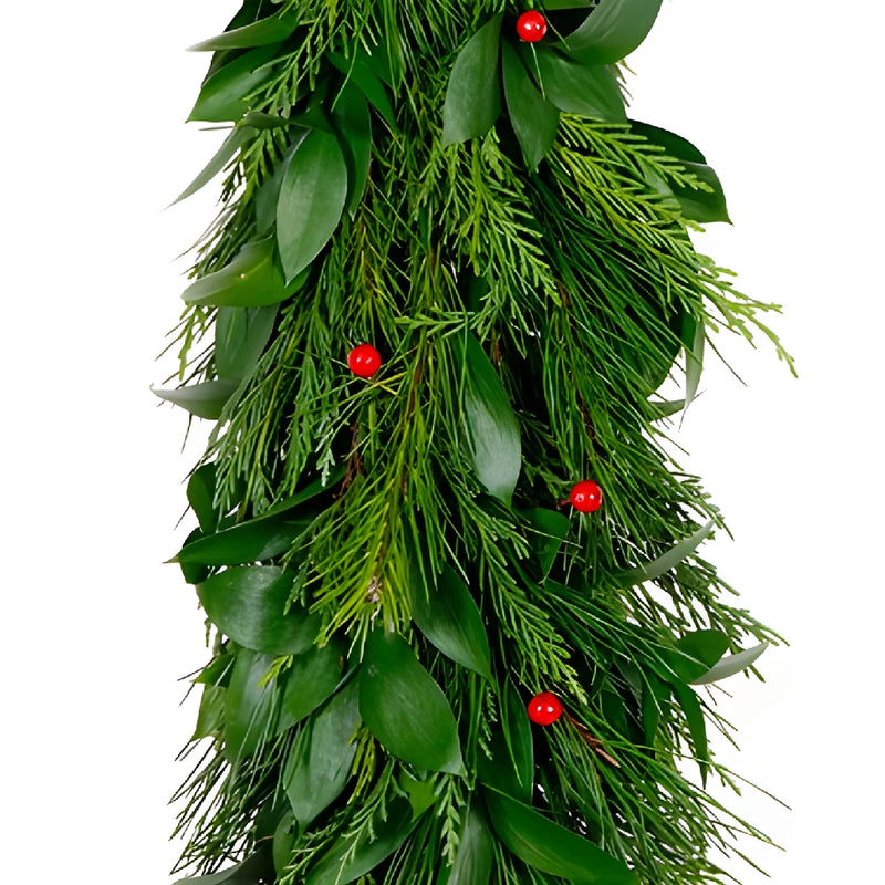Israeli Ruscus, White Pine, Leyland Cedar, Red Faux Berries Garland