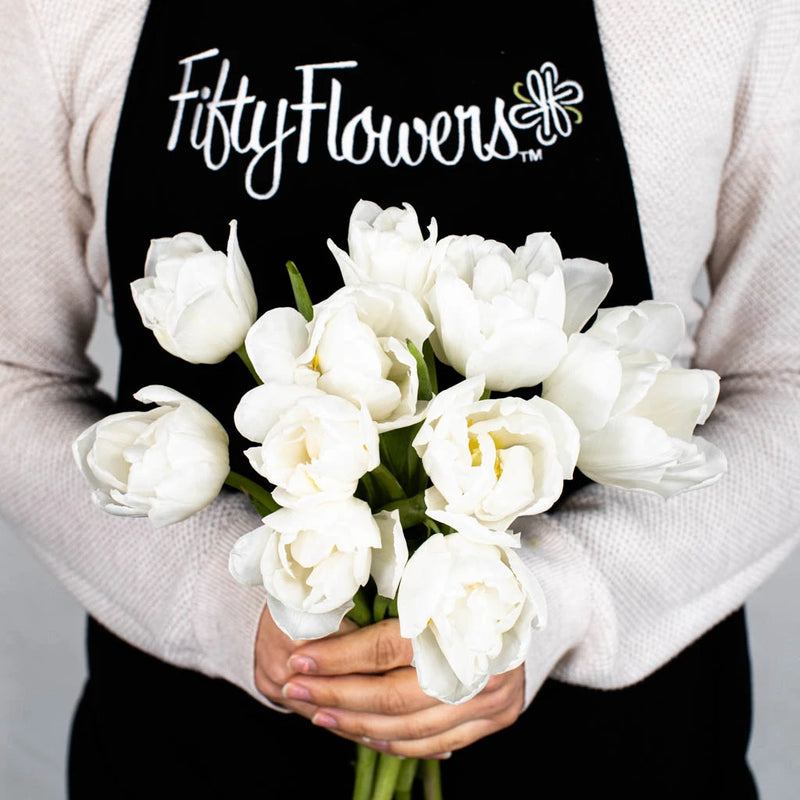 Ivory White Double Tulip Flower Bunch in Hand