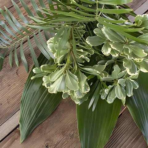 Lake greenery bouquet flatlay