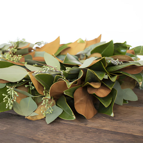 Magnolia and Seeded Eucalyptus Wreath Greenery Up Close