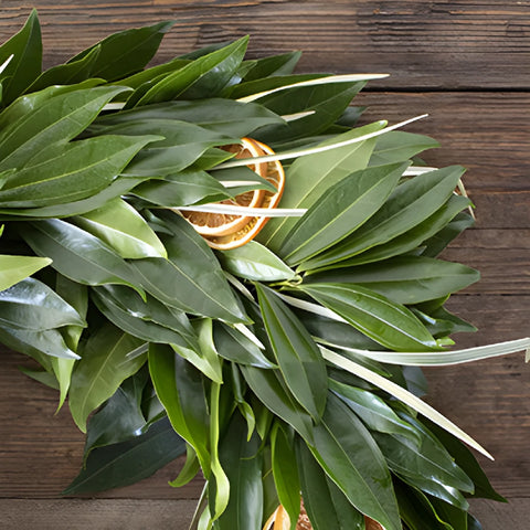 Orange zest greenery mix wreath laid out