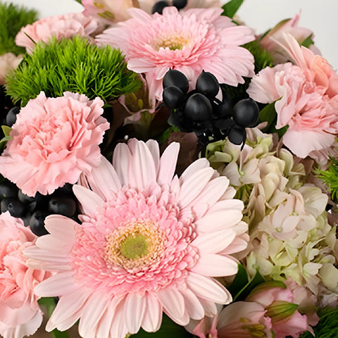 Picnic Basket Pink And Green Flower Arrangement Close Up - Image