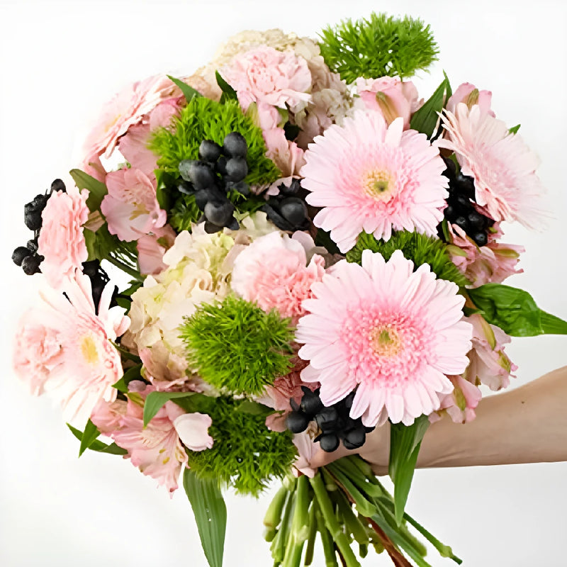 Picnic Basket Pink And Green Flower Arrangement Hand - Image
