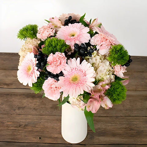 Picnic Basket Pink And Green Flower Arrangement Vase - Image