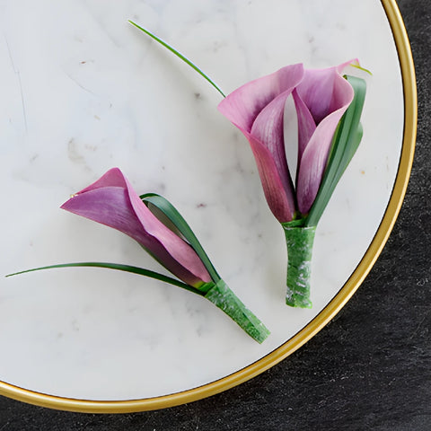 Plum Purple Mini Calla Lily Boutonniere and Corsage Pack