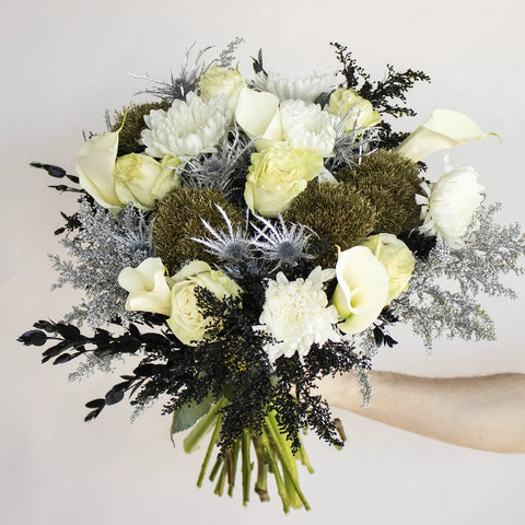 Celebration Gold and Silver Flower Arrangement Up Close