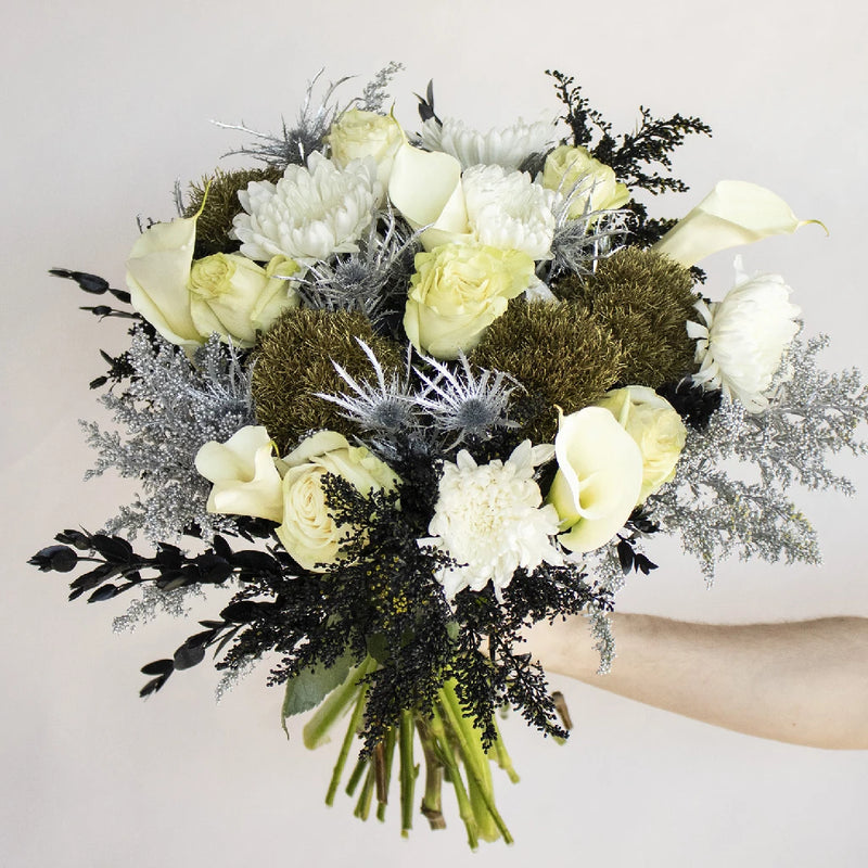 Celebration Gold and Silver Flower Arrangement Up Close
