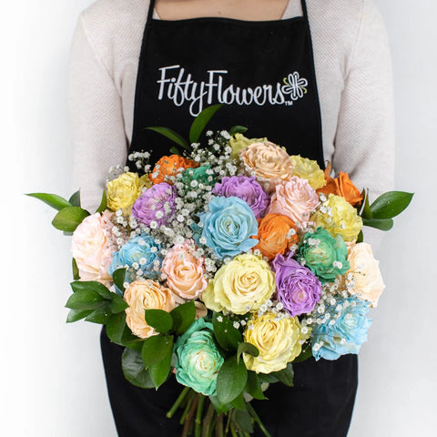Pastel Rainbow Flower Bouquet in Hand