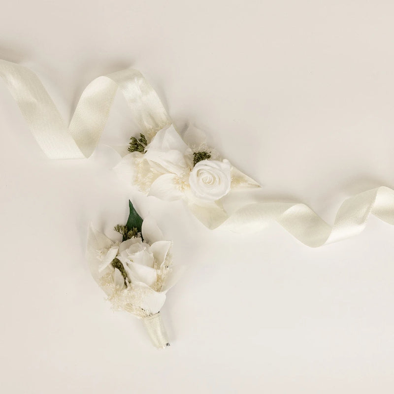 White Dried Boutonniere and Corsage Pack