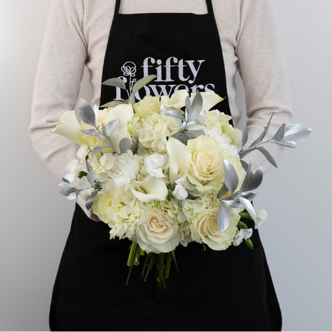 Modern Holiday Glam Silver Flower Bouquet Apron - Image