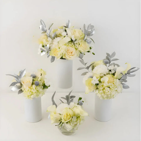 Modern Holiday Glam Silver Flower Centerpieces Close Up - Image