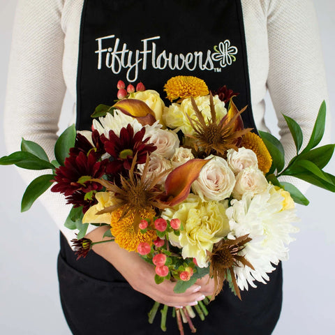 Yellow Burgundy Flower Centerpiece Bunch in Hand