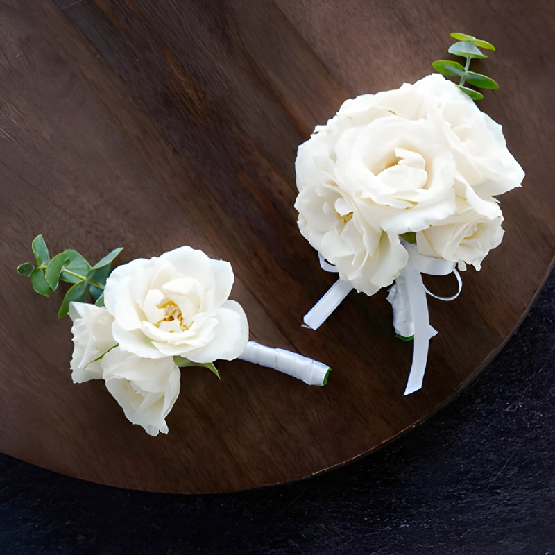 Ivory Spray Rose Boutonniere and Corsage Pack