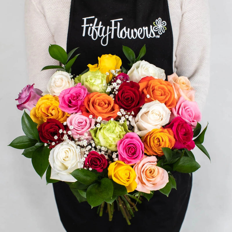 Rainbow Rose Flower Bouquet in Hand
