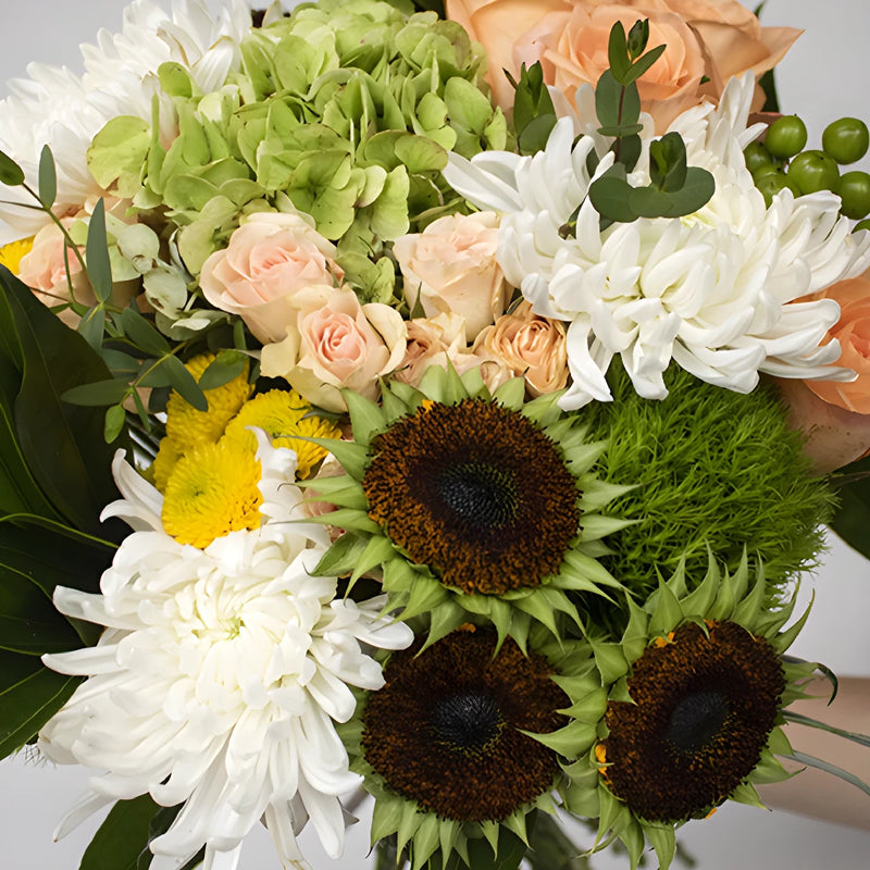 Morning Joy Green Orange Flower Bouquet Up Close
