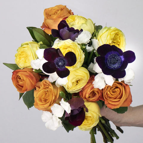Purple and Orange Wholesale Flower Bouquet Up Close