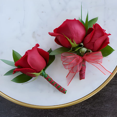 Modern Red Rose Boutonniere and Corsage Pack