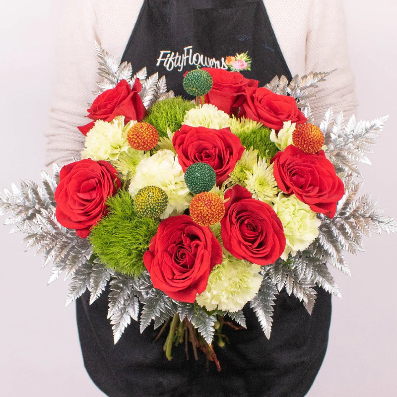 Holiday Lights Red Rose Flower Bouquet