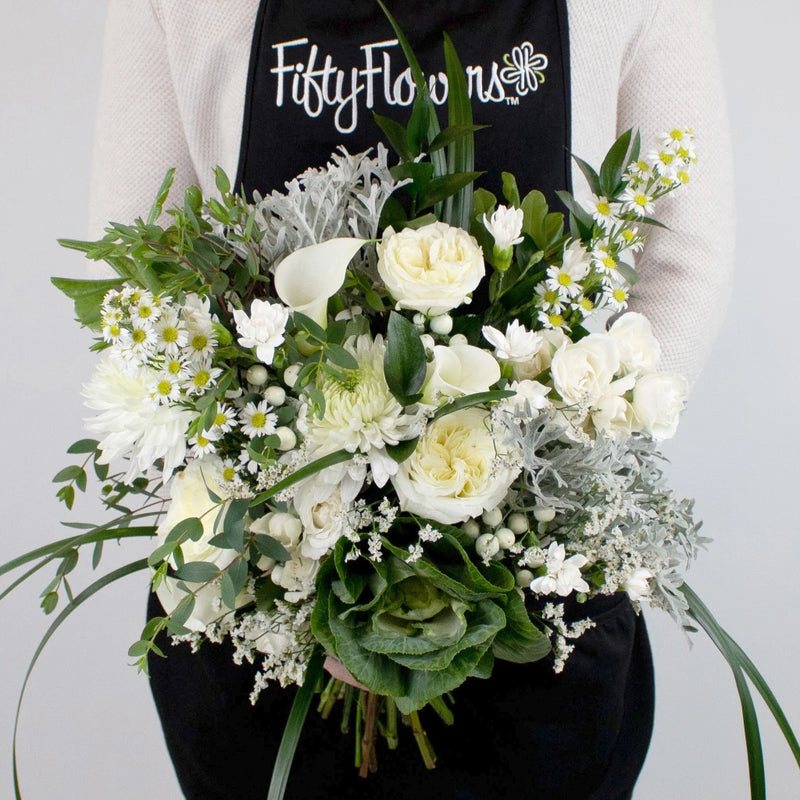 White And Cream Snowy Days DIY Flower Bouquet in Hand
