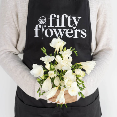 White Designer Freesia Flower Apron - Image