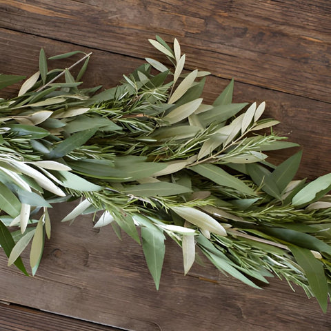 Bay Leaves Rosemary olive fresh garlands flatlay