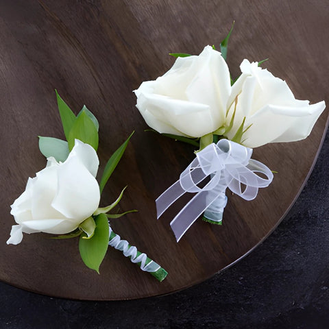Modern White Rose Boutonniere and Corsage Pack