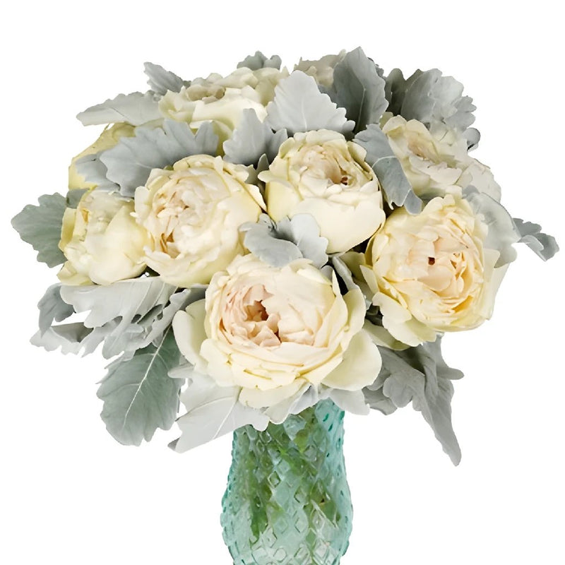 Cream Garden Rose and Dusty Miller DIY wedding flowers in vases