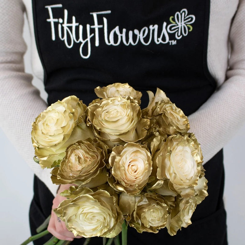 Gold Tinted Rose Flower Bunch in Hand